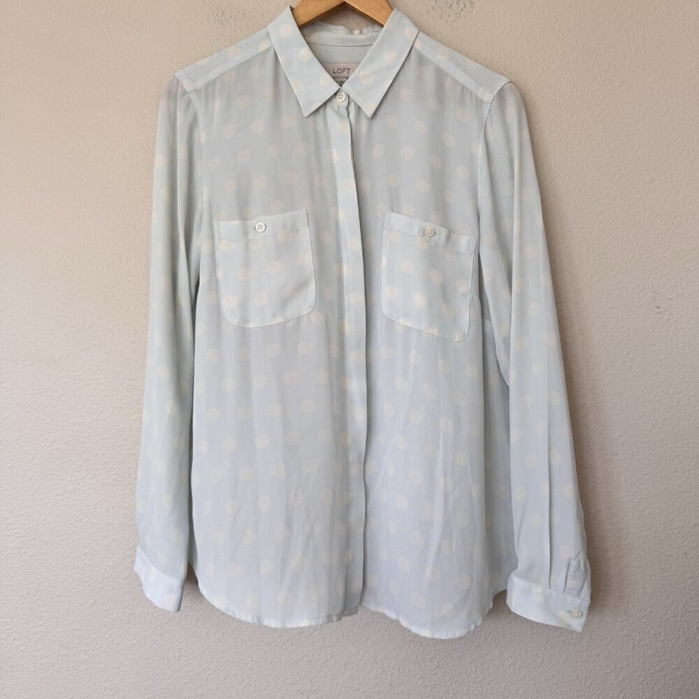 Loft Polka Dot Utility Blouse Blue Size Medium Sky Blue White Cream